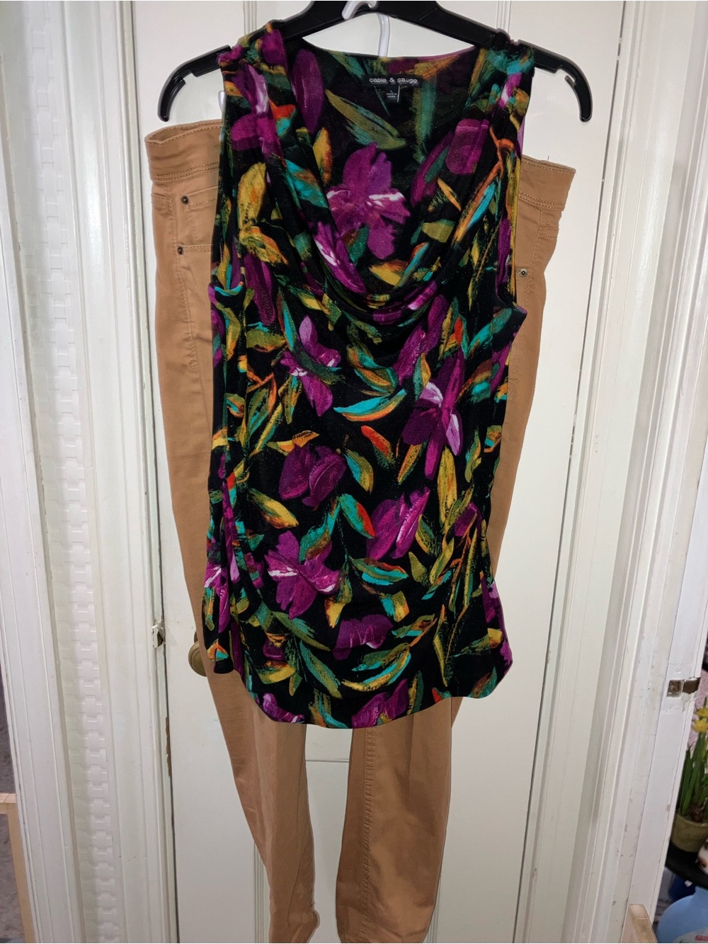 Cable & Gauge Black Floral Cowl Neck Tank - Purple, Teal & Gold Accents